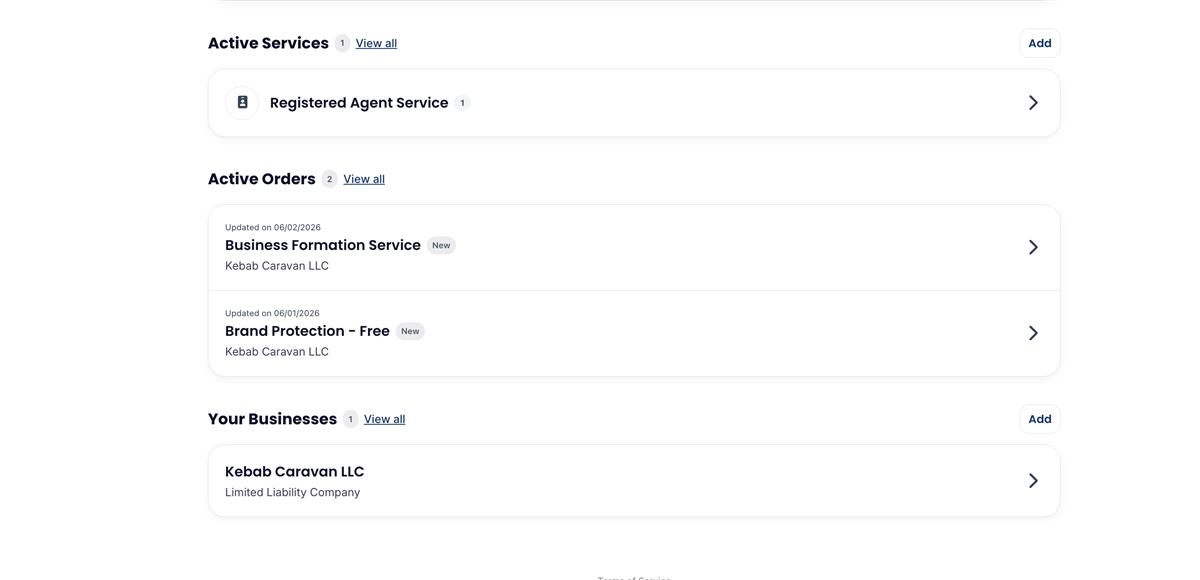 Northwest Registered Agent client dashboard overview showing active services and orders