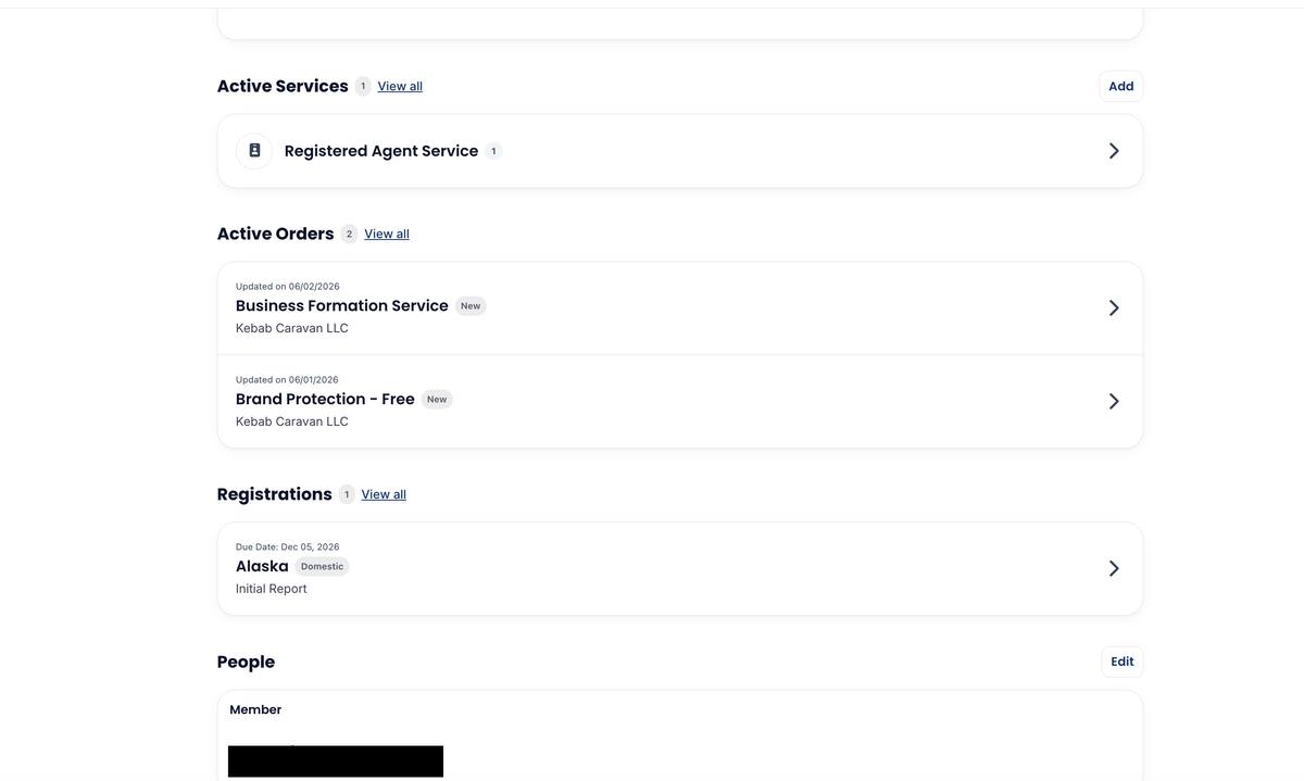 Northwest Registered Agent dashboard active services page showing brand protection and renewals