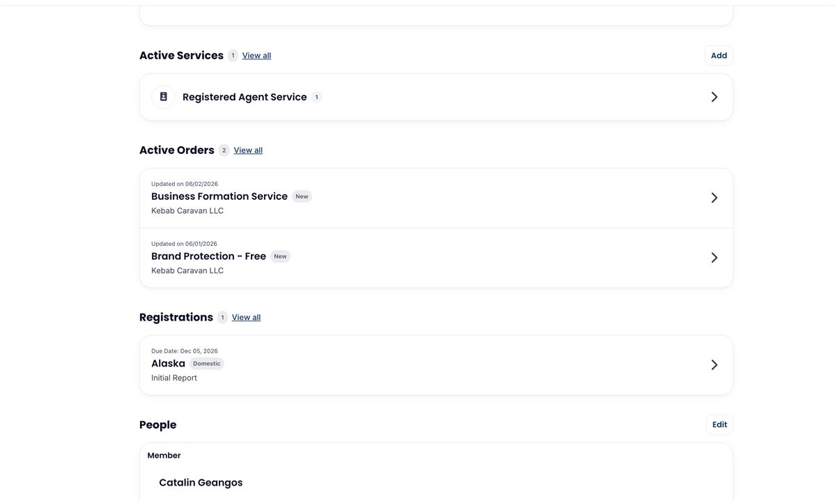 Northwest Registered Agent dashboard active services page showing brand protection and renewals