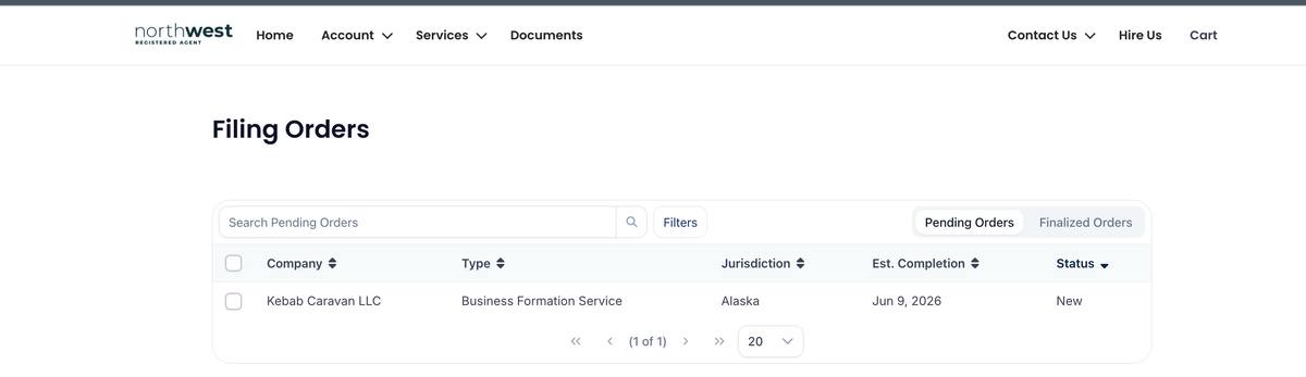 Northwest Registered Agent filing orders page showing pending business formation status