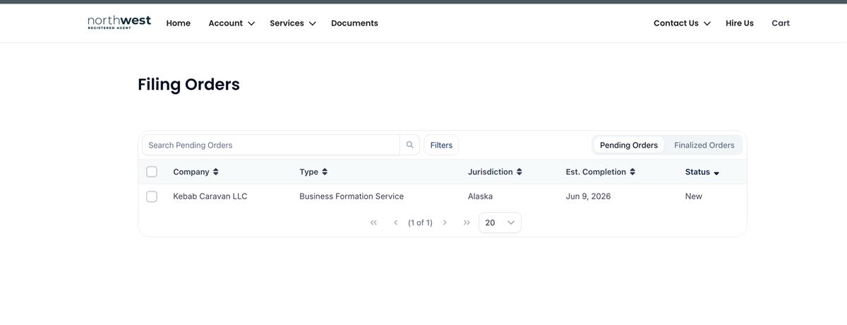 Northwest Registered Agent filing orders page showing pending business formation status