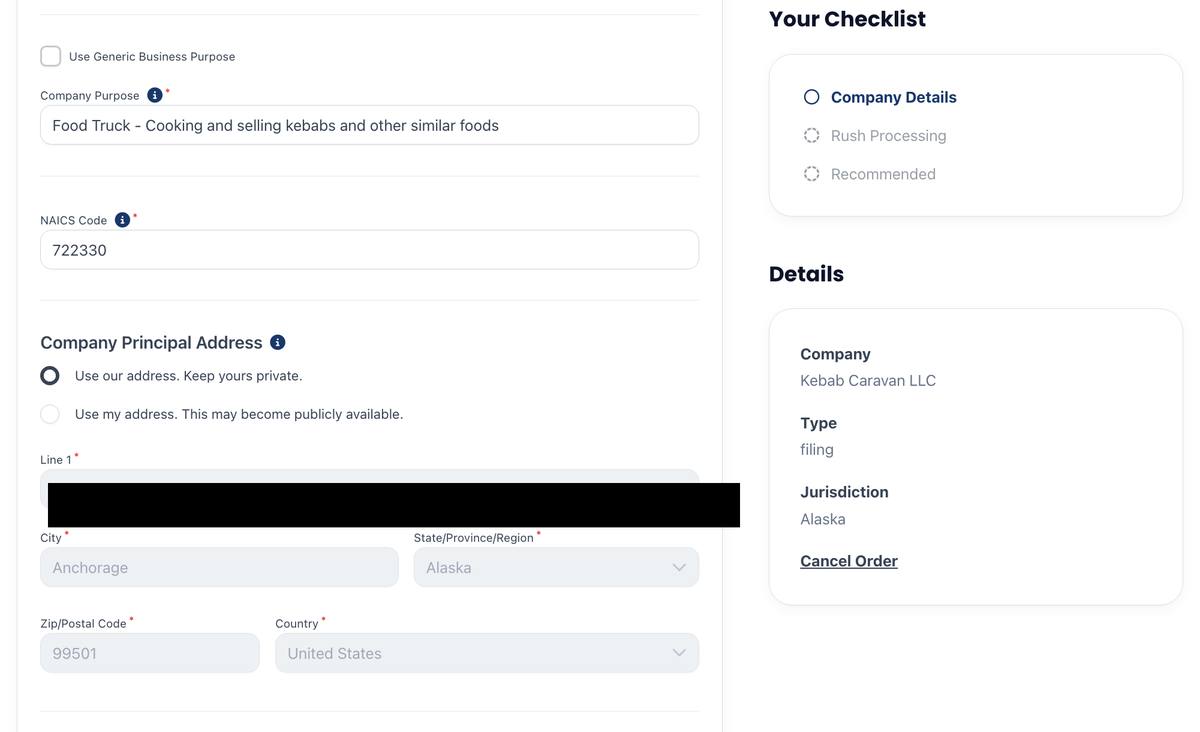 Northwest Registered Agent company purpose NAICS and privacy address selection screen