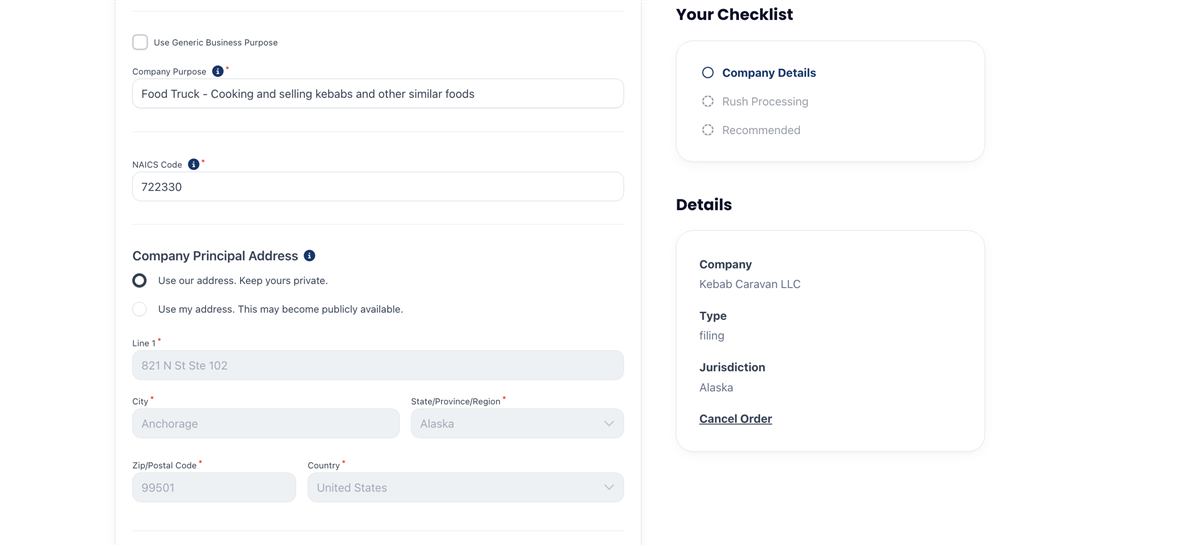 Northwest Registered Agent company purpose NAICS and privacy address selection screen