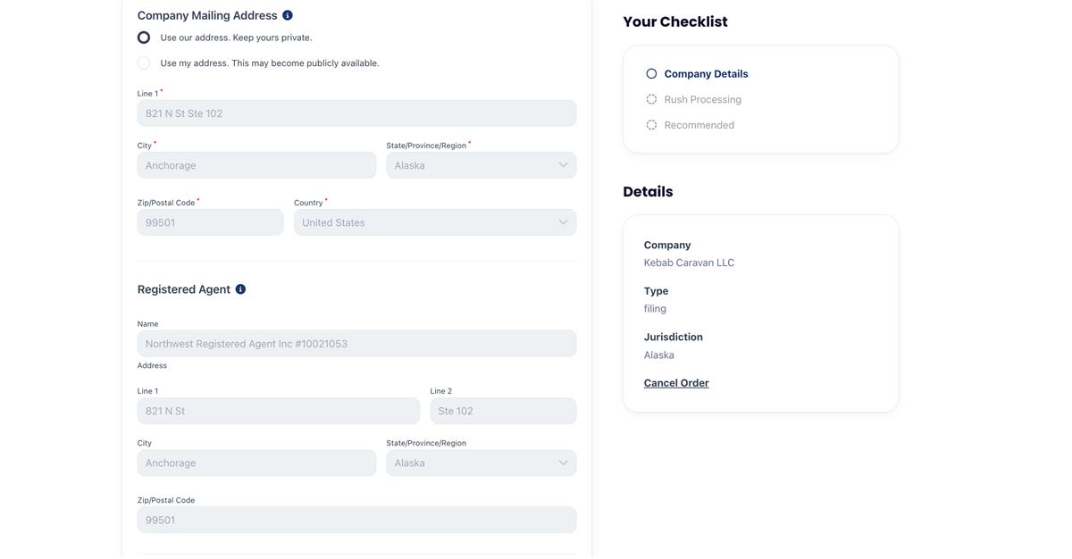 Northwest Registered Agent mailing address and registered agent privacy choice screen showing use our address option