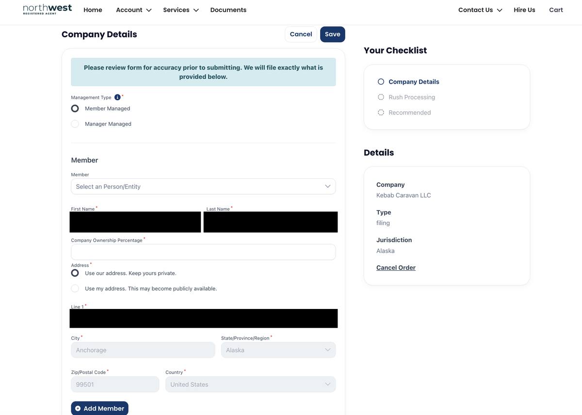 Northwest Registered Agent LLC formation screen asking for member name and address during signup