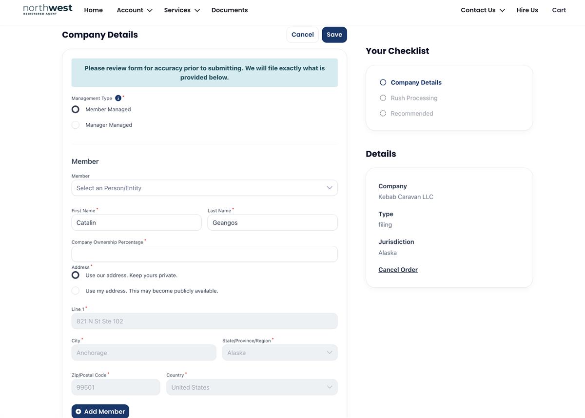 Northwest Registered Agent LLC formation screen asking for member name and address during signup