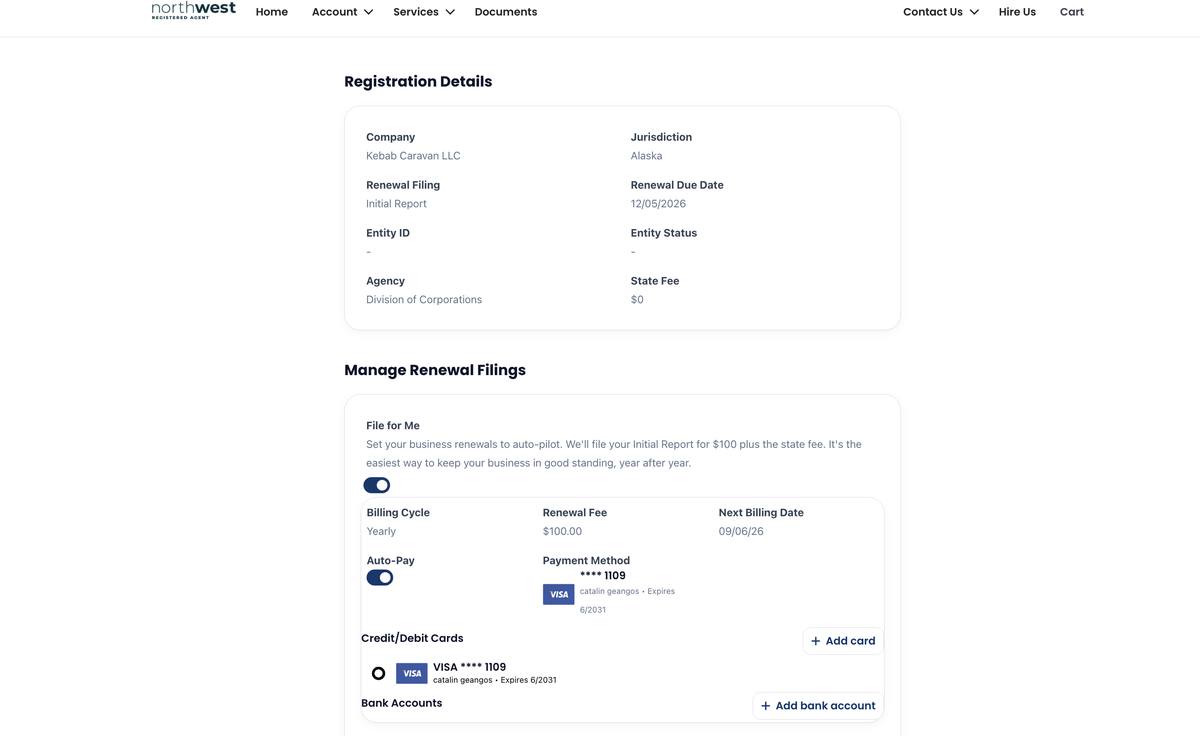 Northwest Registered Agent manage renewals screen showing annual compliance and autopay options