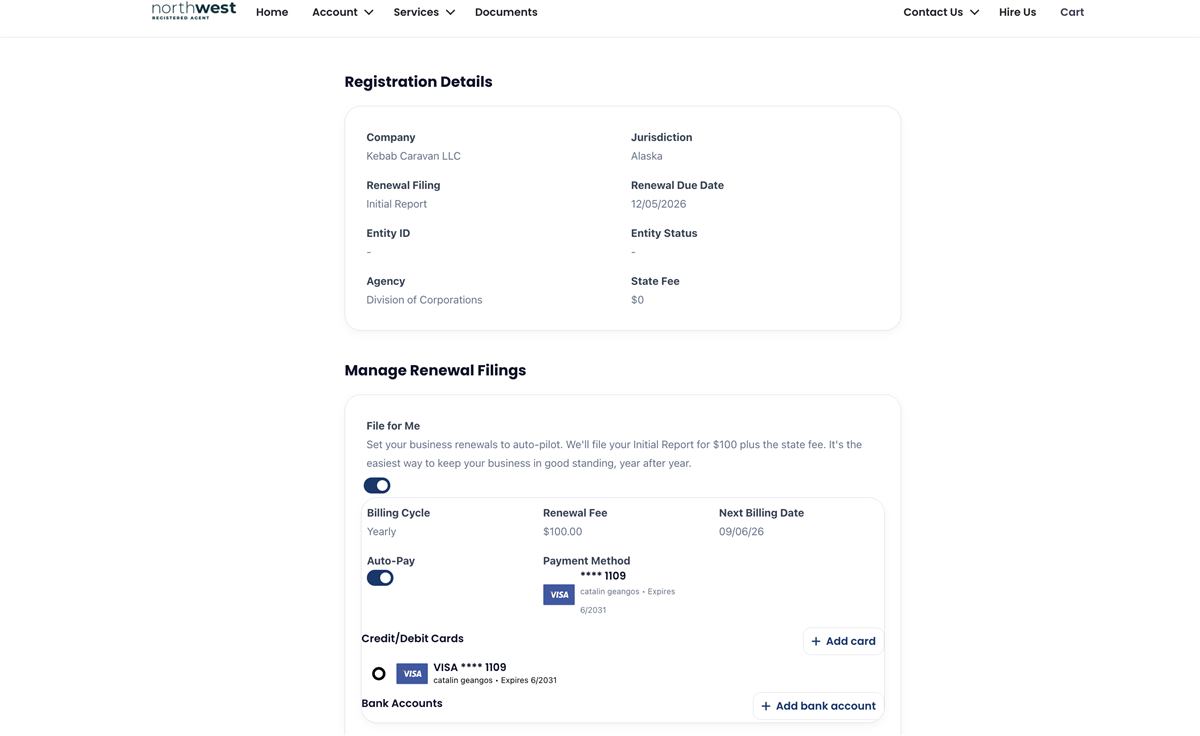 Northwest Registered Agent manage renewals screen showing annual compliance and autopay options
