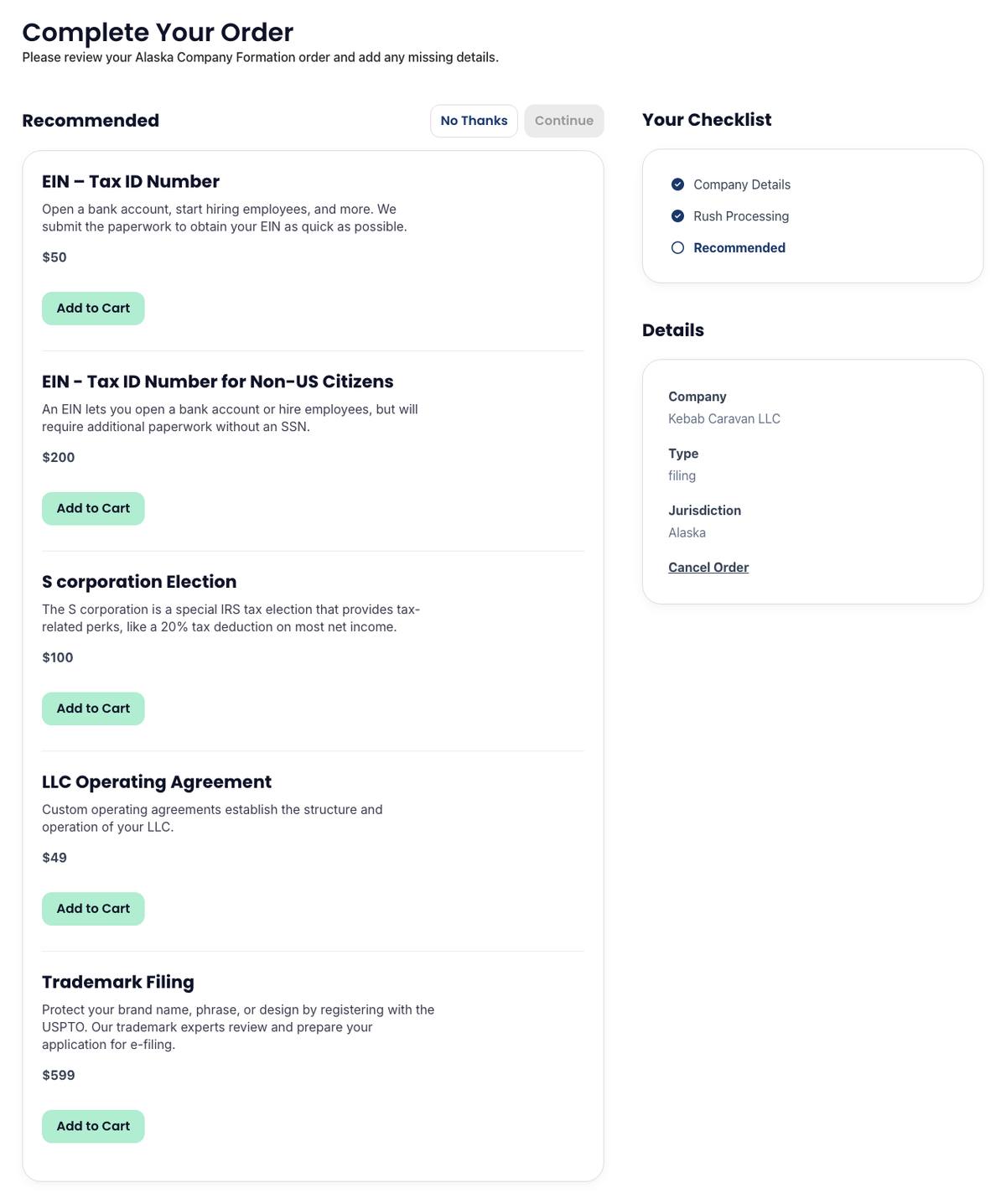 Northwest Registered Agent optional add ons screen showing EIN operating agreement and trademark options