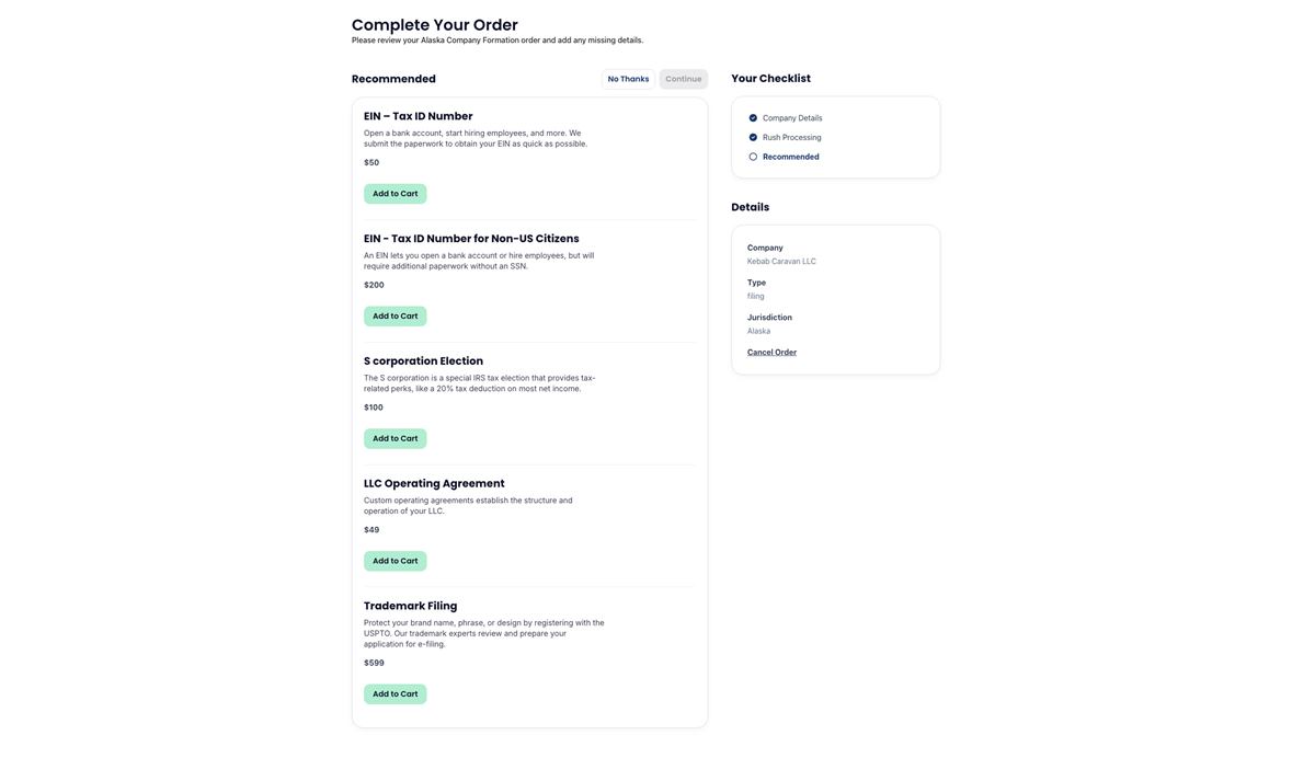 Northwest Registered Agent optional add ons screen showing EIN operating agreement and trademark options