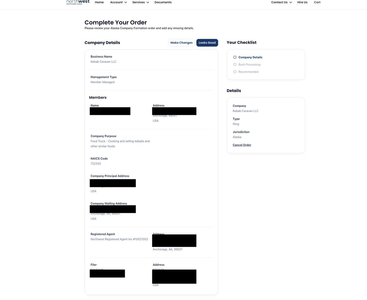 Northwest Registered Agent final order review screen before LLC submission