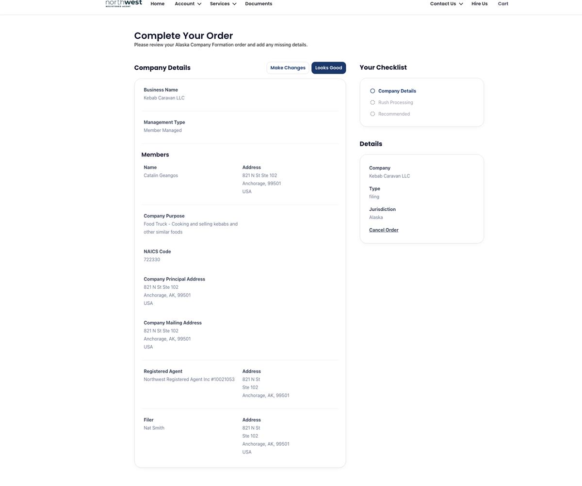 Northwest Registered Agent final order review screen before LLC submission