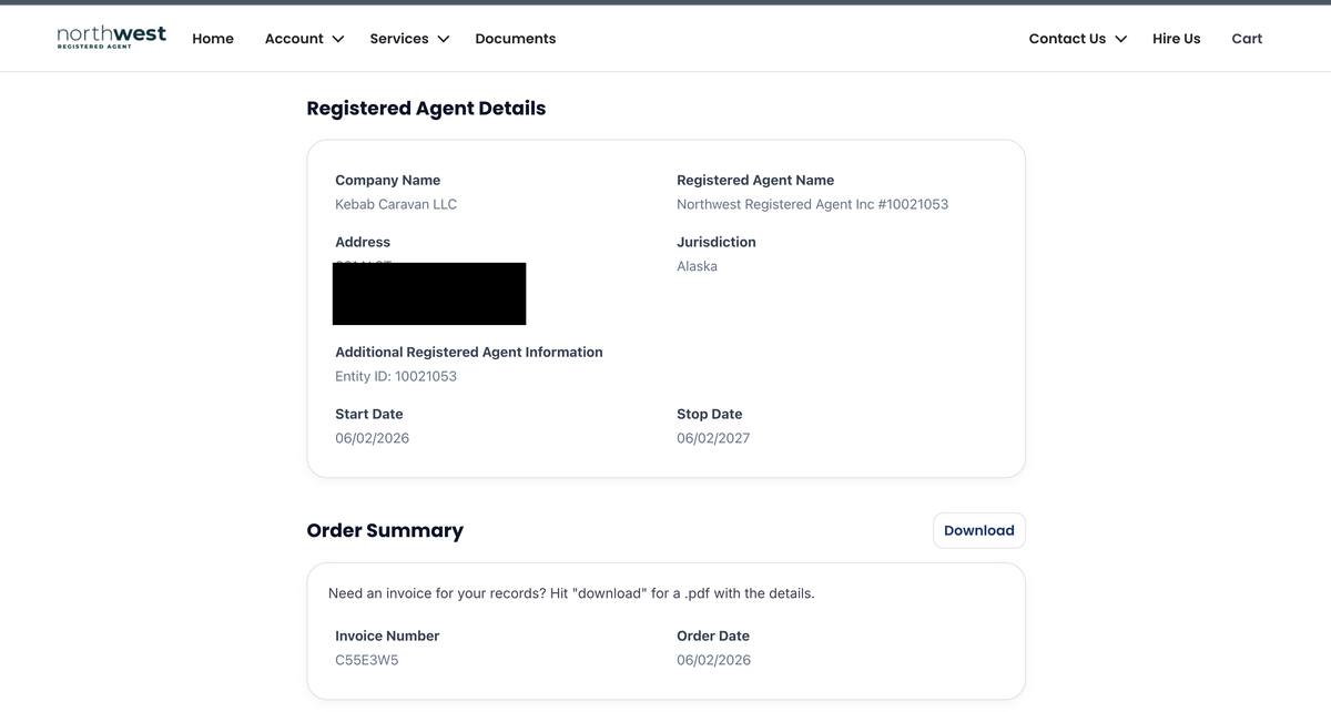 Northwest Registered Agent post payment registered agent details page after LLC purchase