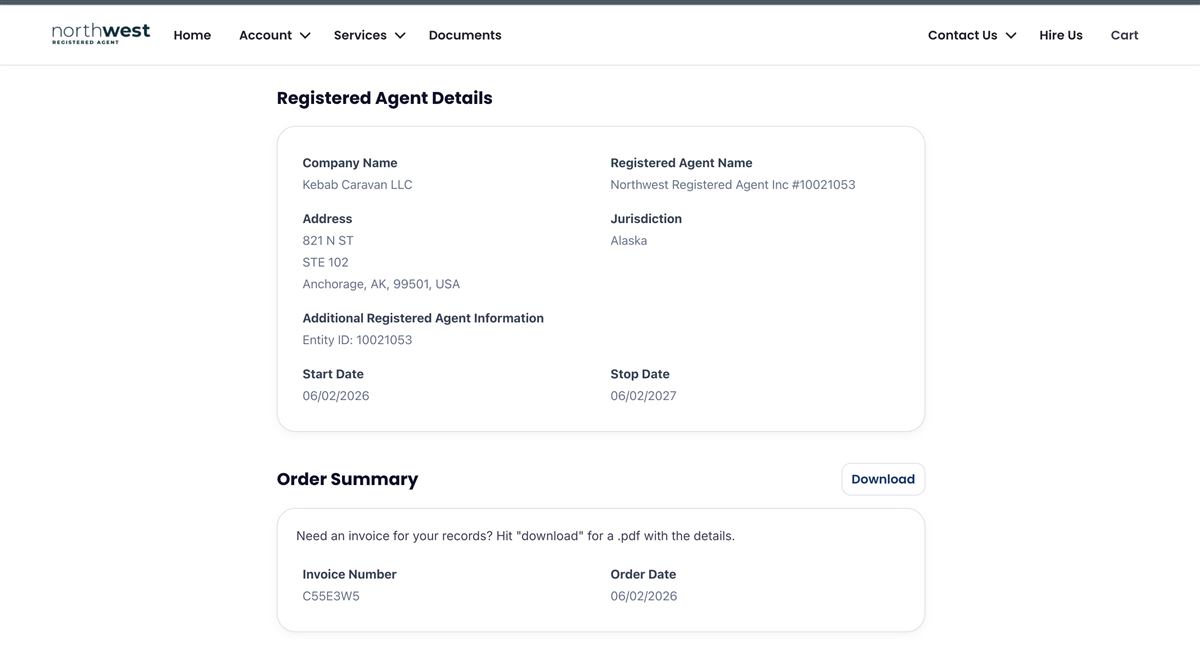 Northwest Registered Agent post payment registered agent details page after LLC purchase