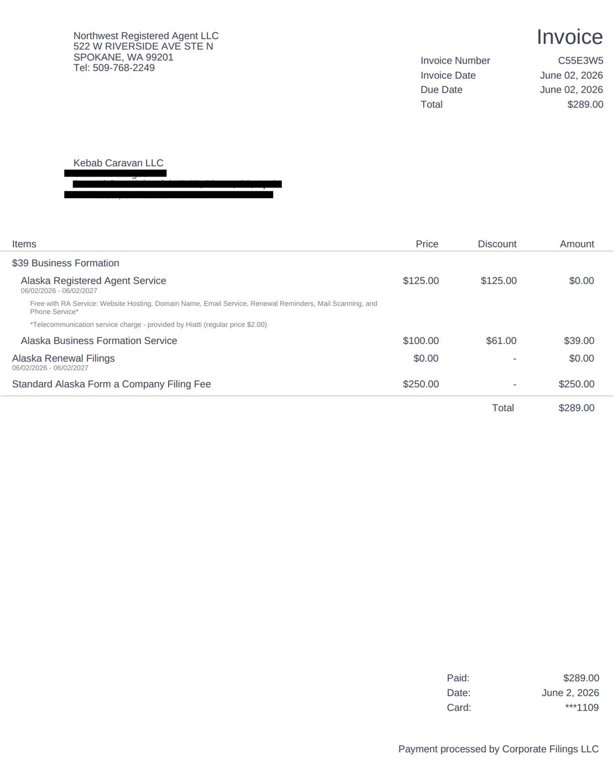 Northwest Registered Agent real invoice for Alaska LLC showing 289 dollar total for Kebab Caravan LLC