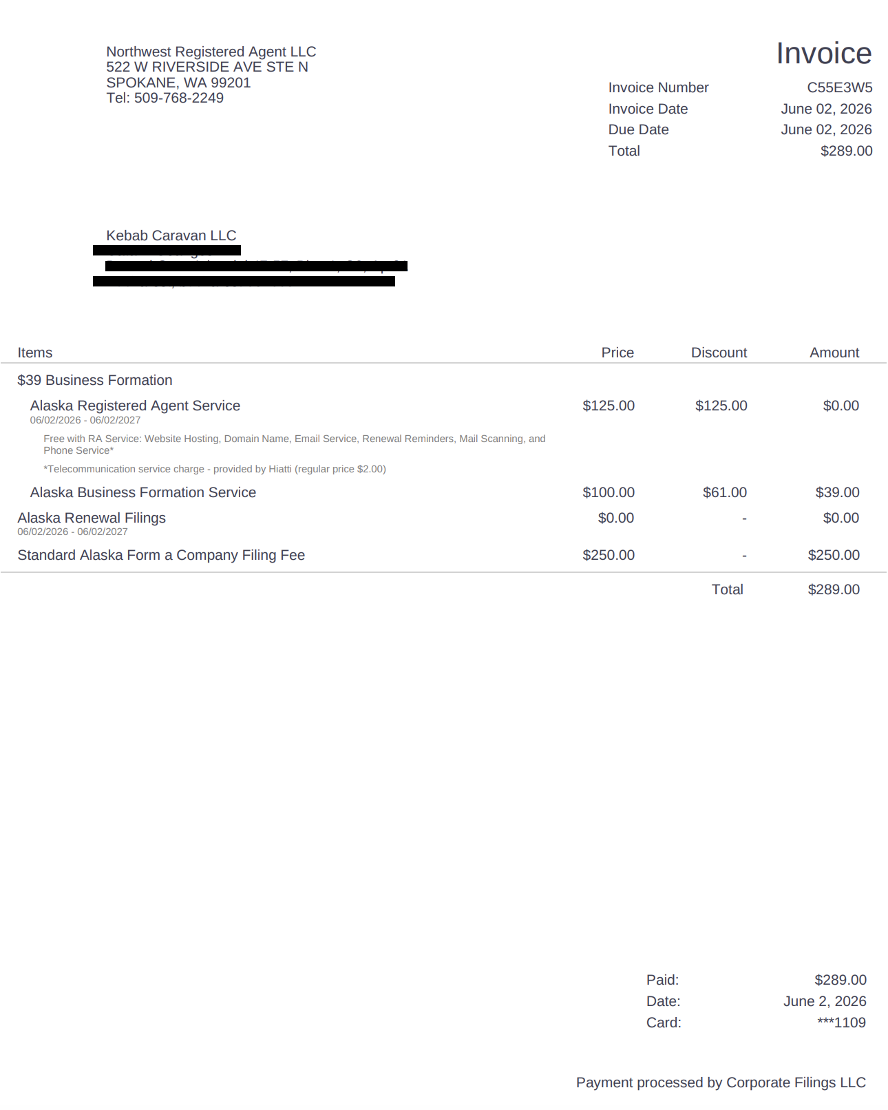 Northwest Registered Agent invoice showing Kebab Caravan LLC Alaska formation total of $289 with $39 service fee and $250 state filing fee
