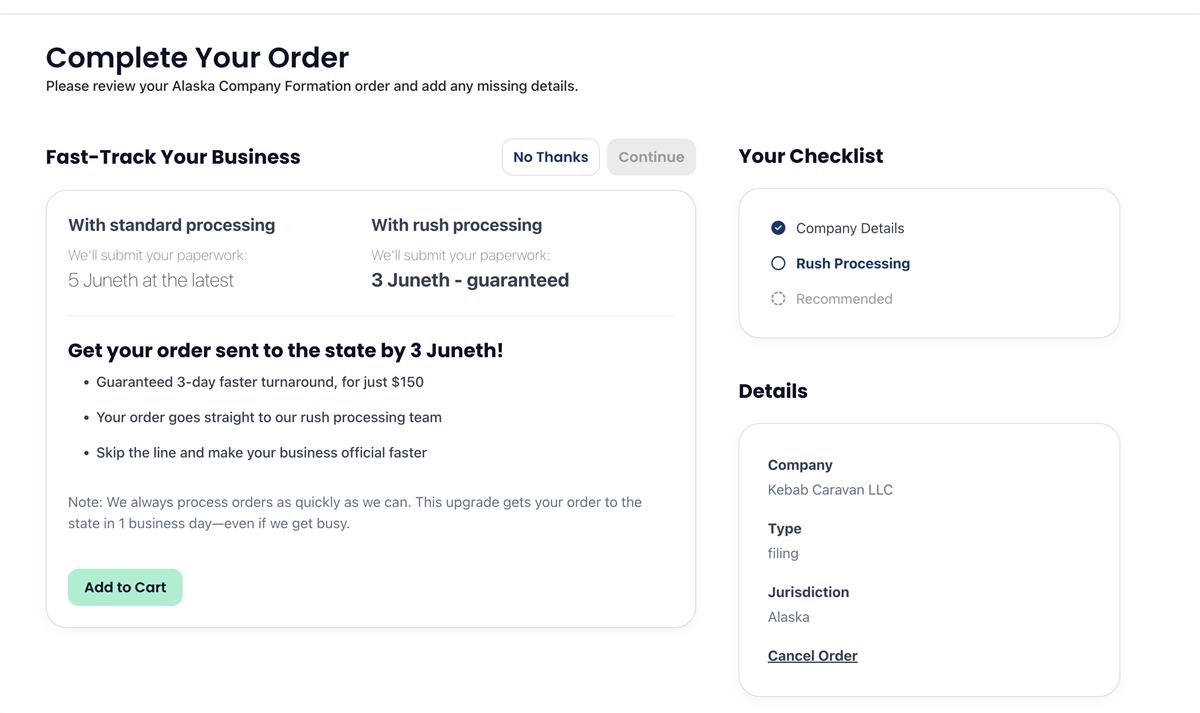 Northwest Registered Agent optional rush processing upsell for 150 dollars during checkout