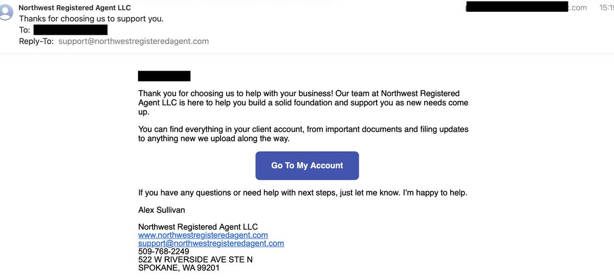 Northwest Registered Agent welcome email confirmation from Alex Sullivan after purchase