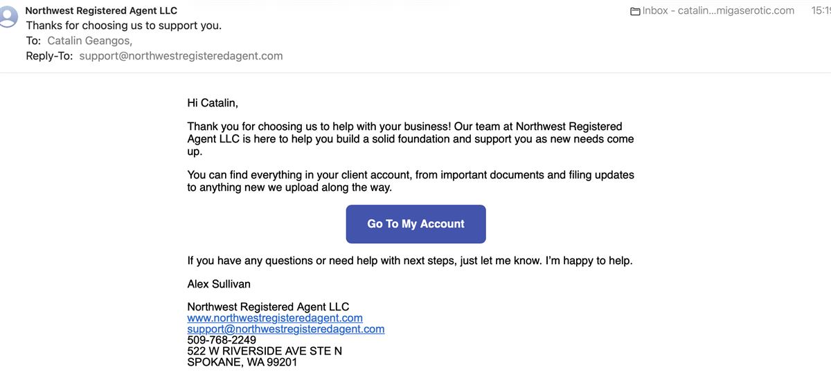 Northwest Registered Agent welcome email confirmation from named team member after purchase