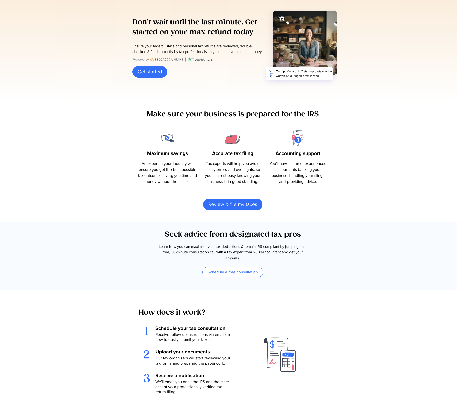 Tailor Brands business taxes dashboard powered by 1-800Accountant showing tax filing services free consultation option and three step tax submission process