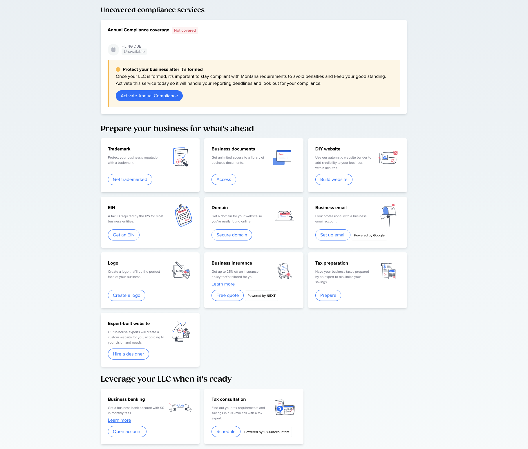Tailor Brands compliance dashboard showing annual compliance coverage not covered status with activate button and all available services overview