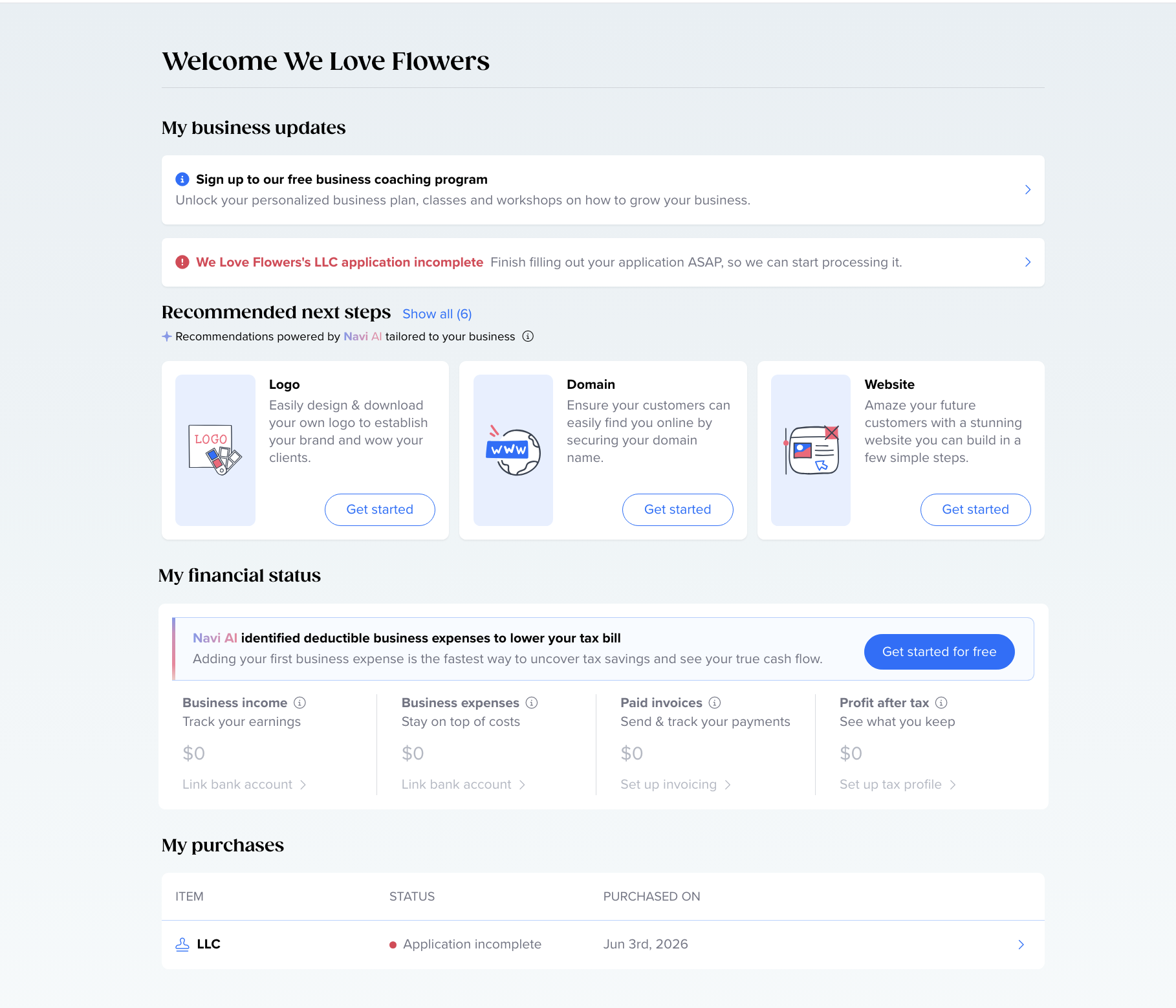 Tailor Brands dashboard home screen showing Navi AI recommendations financial tracking income expenses invoices profit after tax and LLC application status