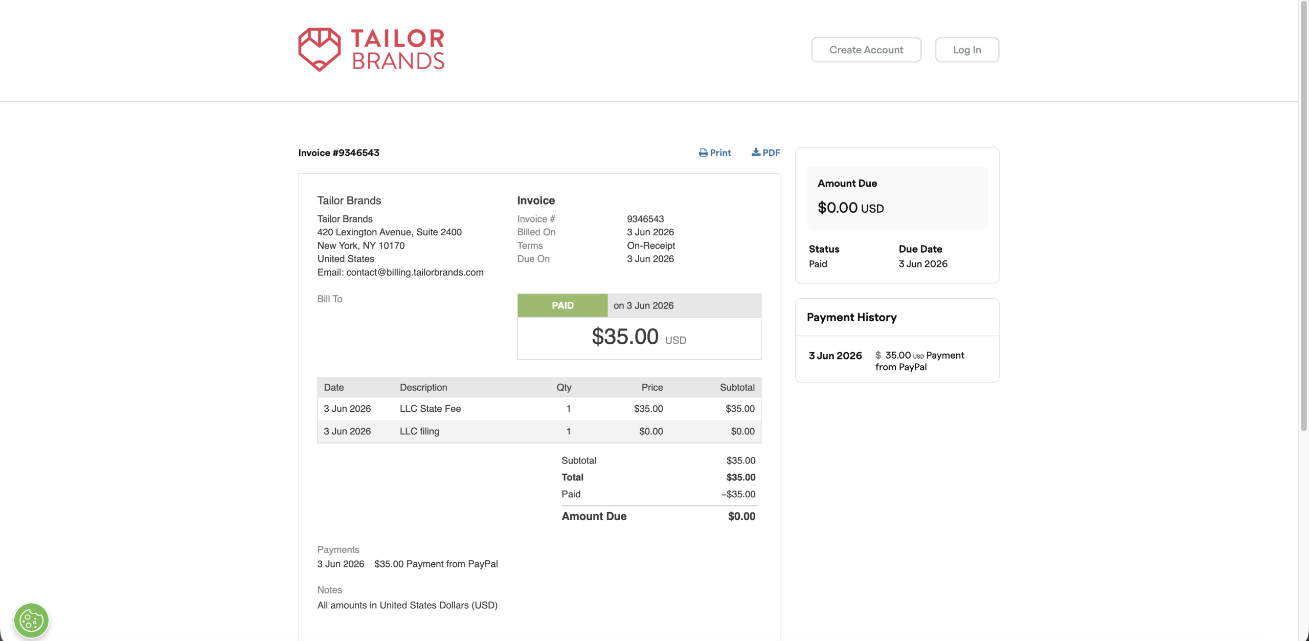 Tailor Brands invoice showing LLC state fee $35 and LLC filing $0 with total paid $35 for We Love Flowers Montana LLC