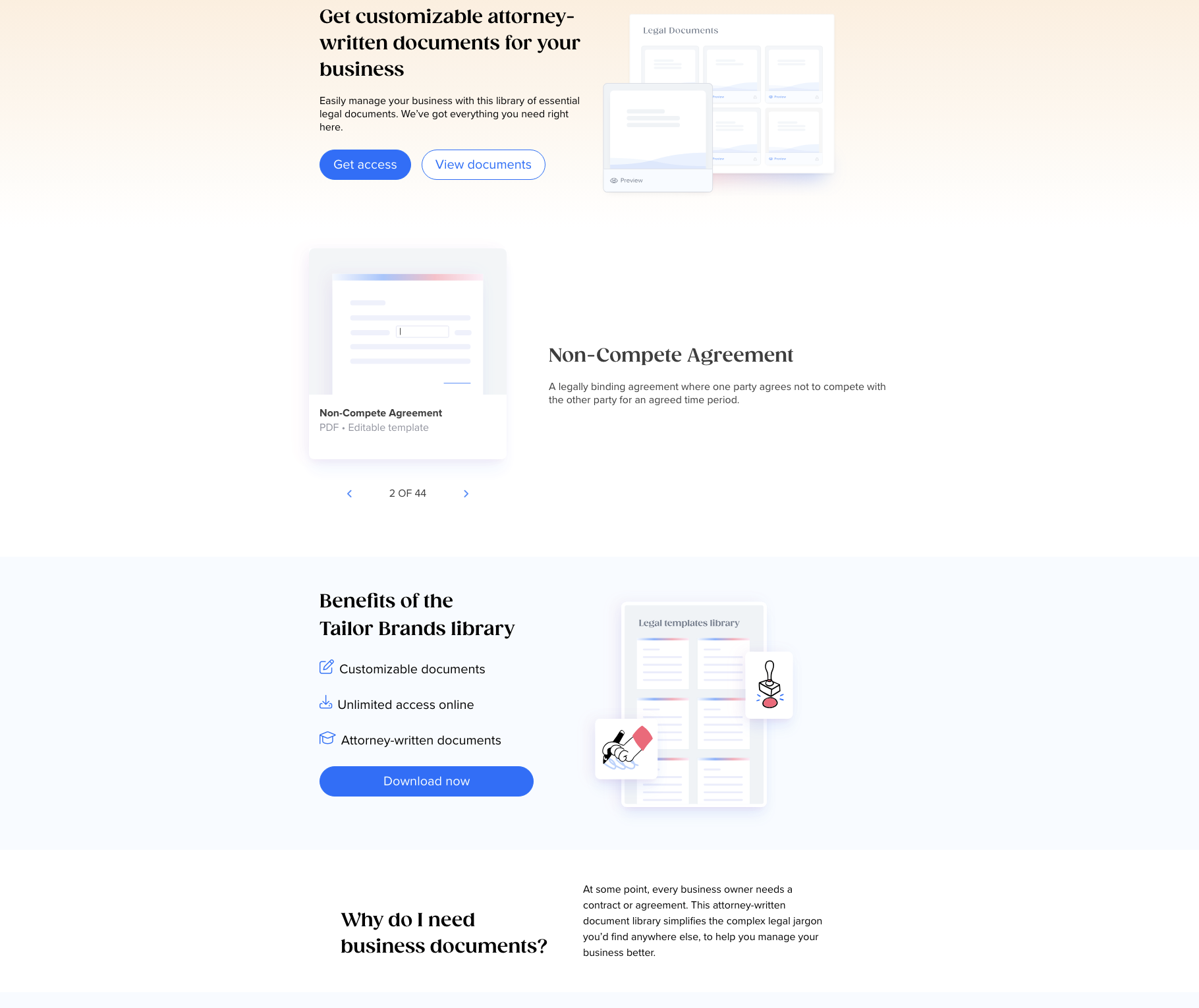 Tailor Brands legal documents library showing 44 attorney-written customizable templates including non-compete agreement