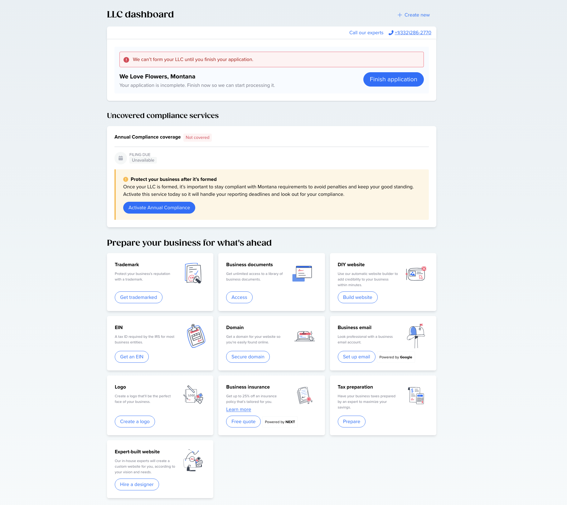 Tailor Brands dashboard showing LLC status and annual compliance not covered after formation purchase