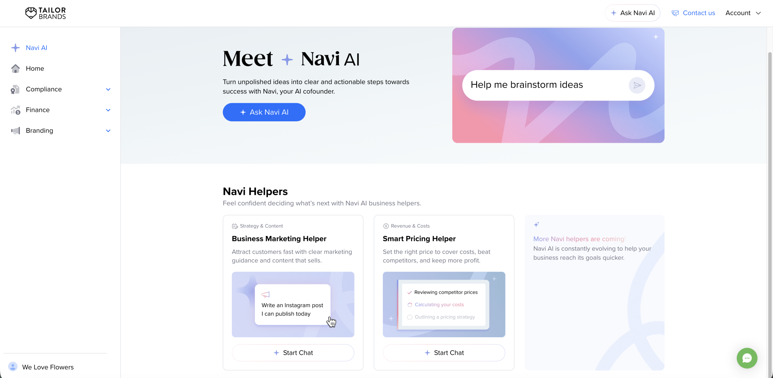 Tailor Brands Navi AI dashboard showing Business Marketing Helper and Smart Pricing Helper tools for founders