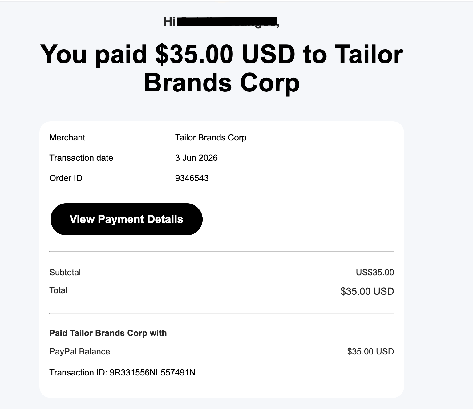 PayPal email receipt showing $35 payment to Tailor Brands Corp for Montana LLC state fee on June 3 2026