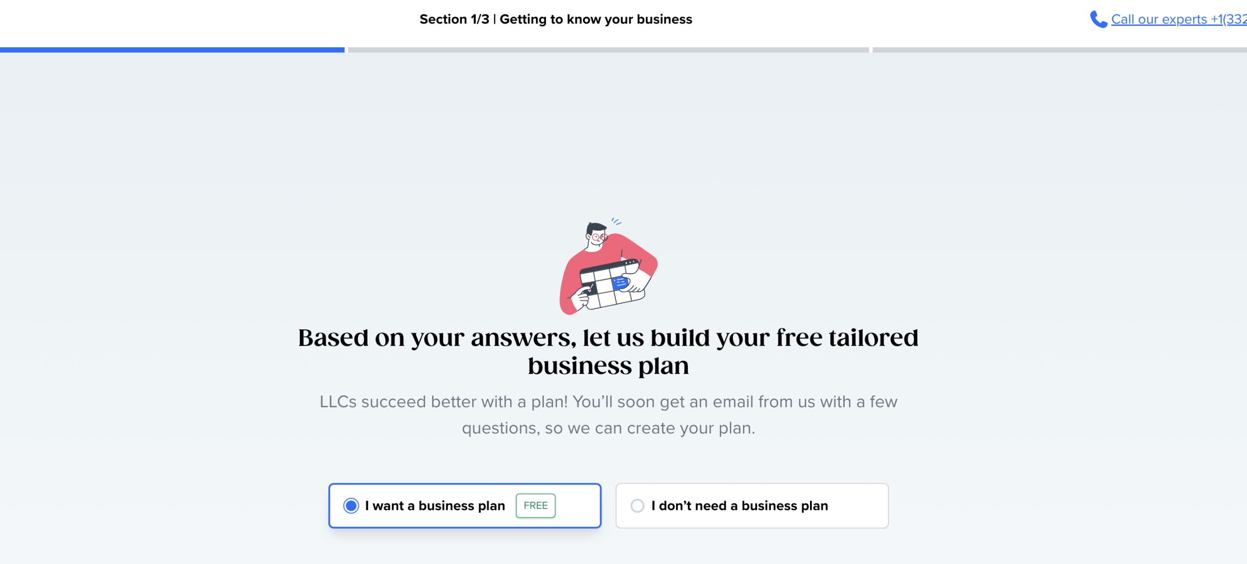 Tailor Brands LLC formation first screen offering free personalized business plan via email as optional first step before beginning formation