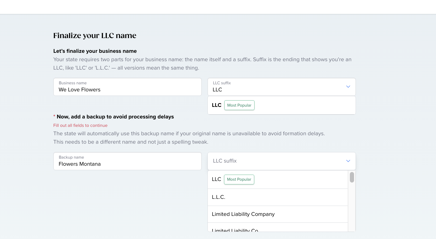 Tailor Brands LLC formation name screen showing primary name We Love Flowers and required backup name to prevent processing delays if primary name unavailable