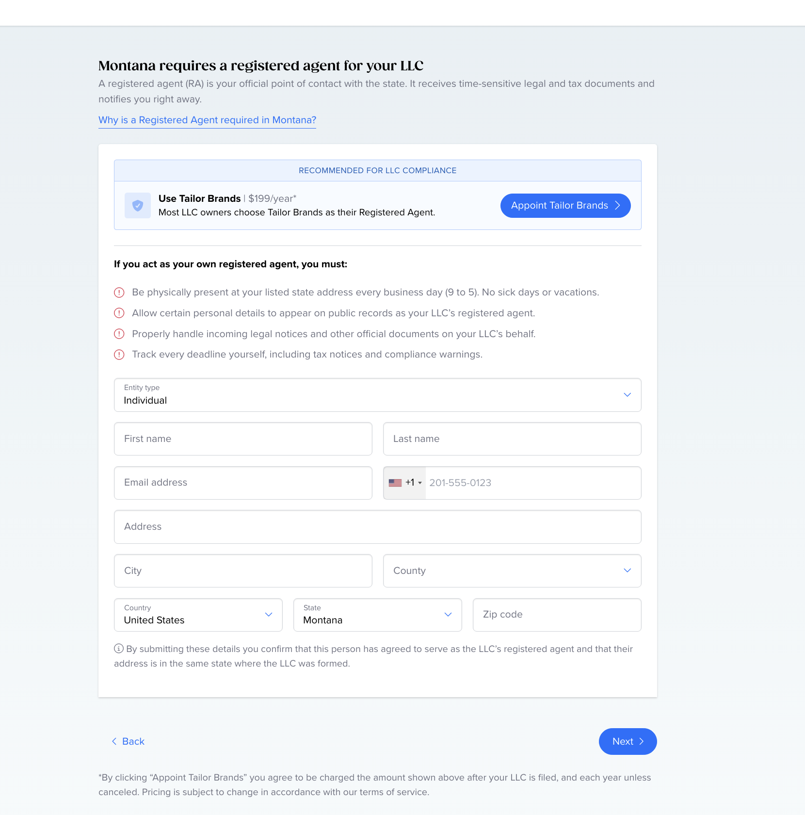 Tailor Brands registered agent confirmation showing fine print that $199 annual charge begins after LLC is filed and renews each year unless canceled