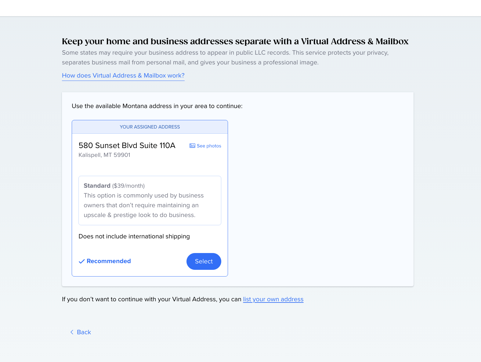 Tailor Brands virtual address upsell screen showing monthly business address option with pricing and one-time USPS notary fee requirement for mail scanning
