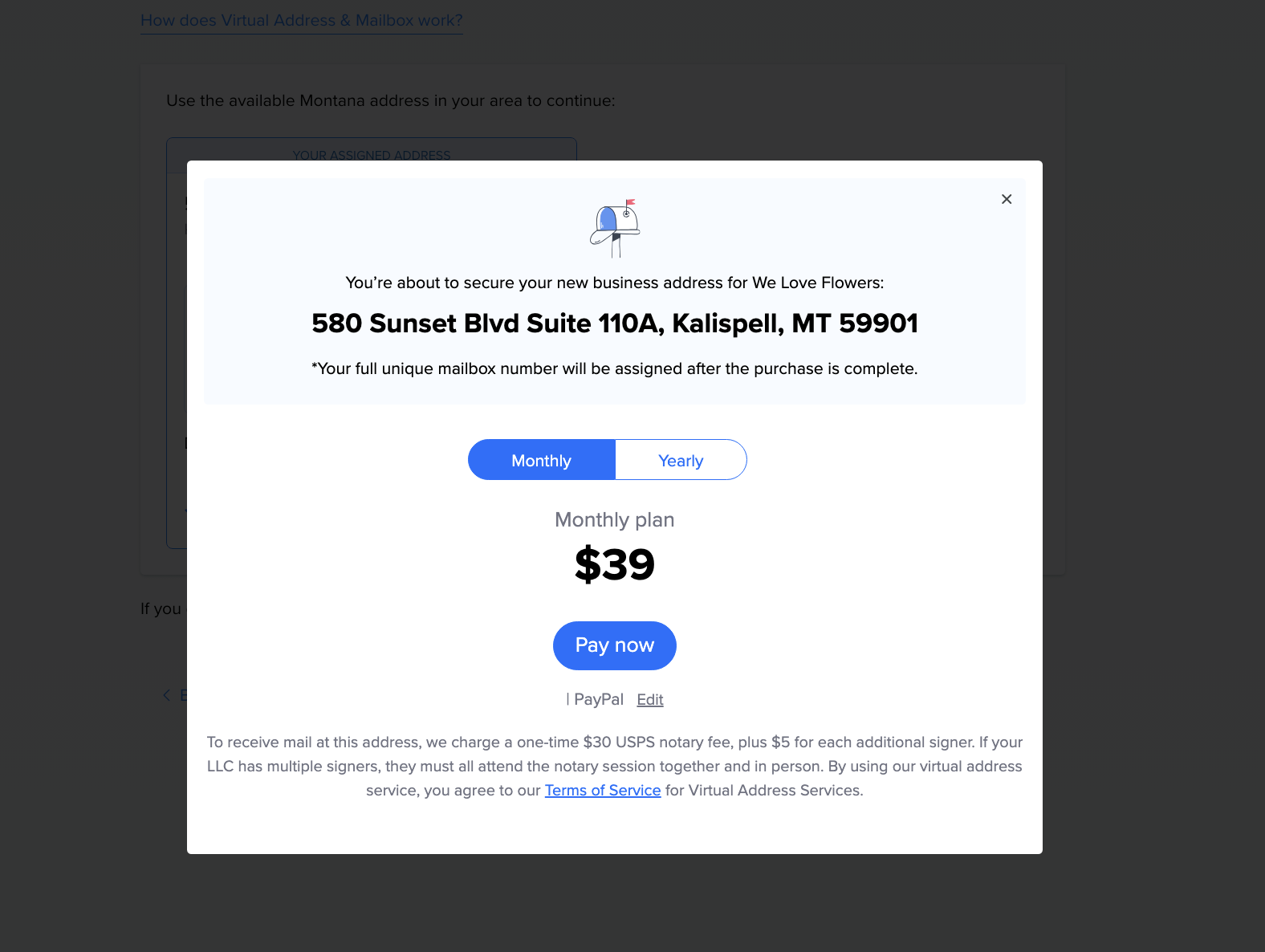 Tailor Brands virtual address plan selection screen showing $30 USPS notary fee requirement and note that all LLC signers must complete notary process together