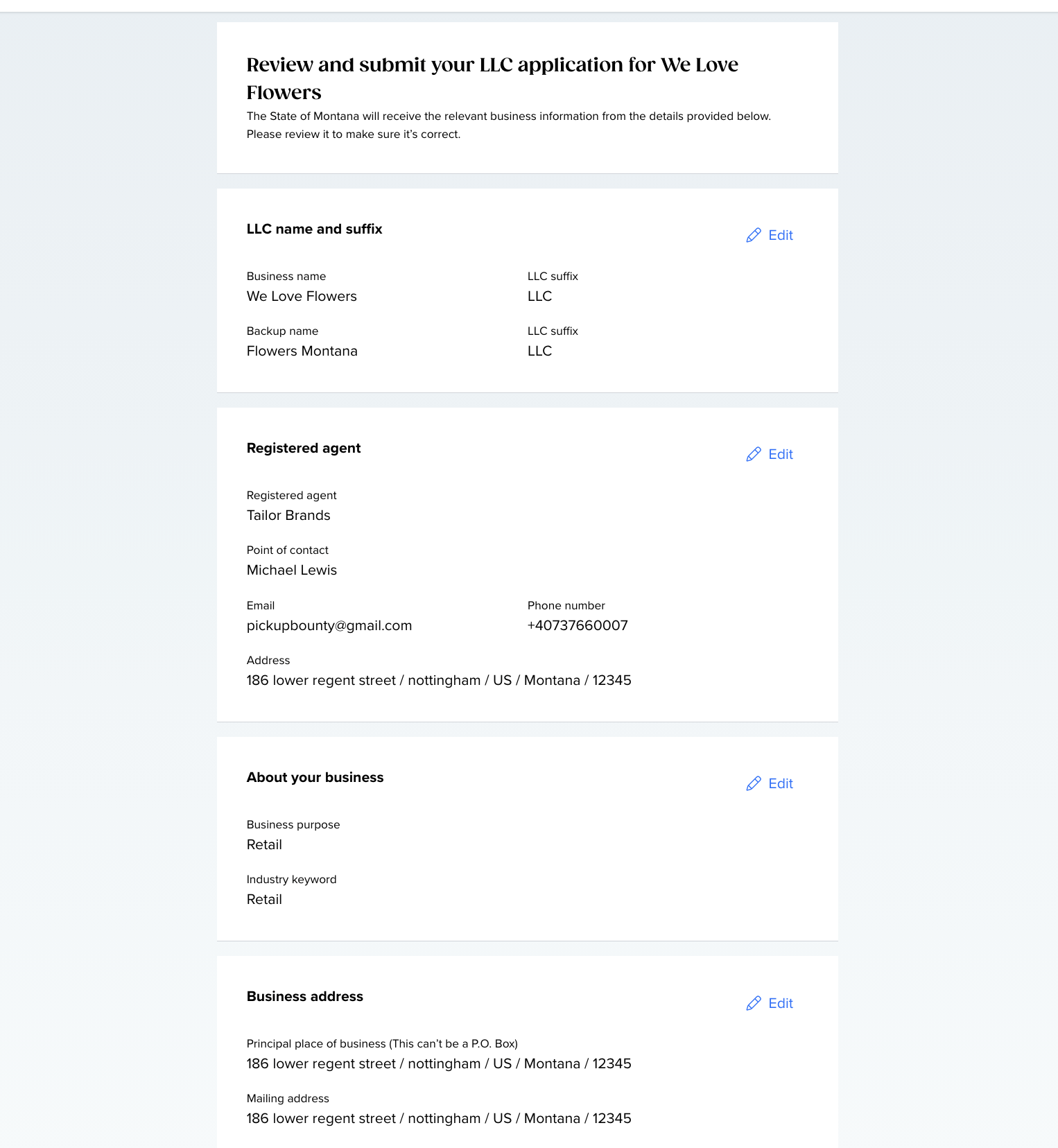 Tailor Brands final application review screen showing We Love Flowers Montana LLC with all formation details registered agent business address and mailing address