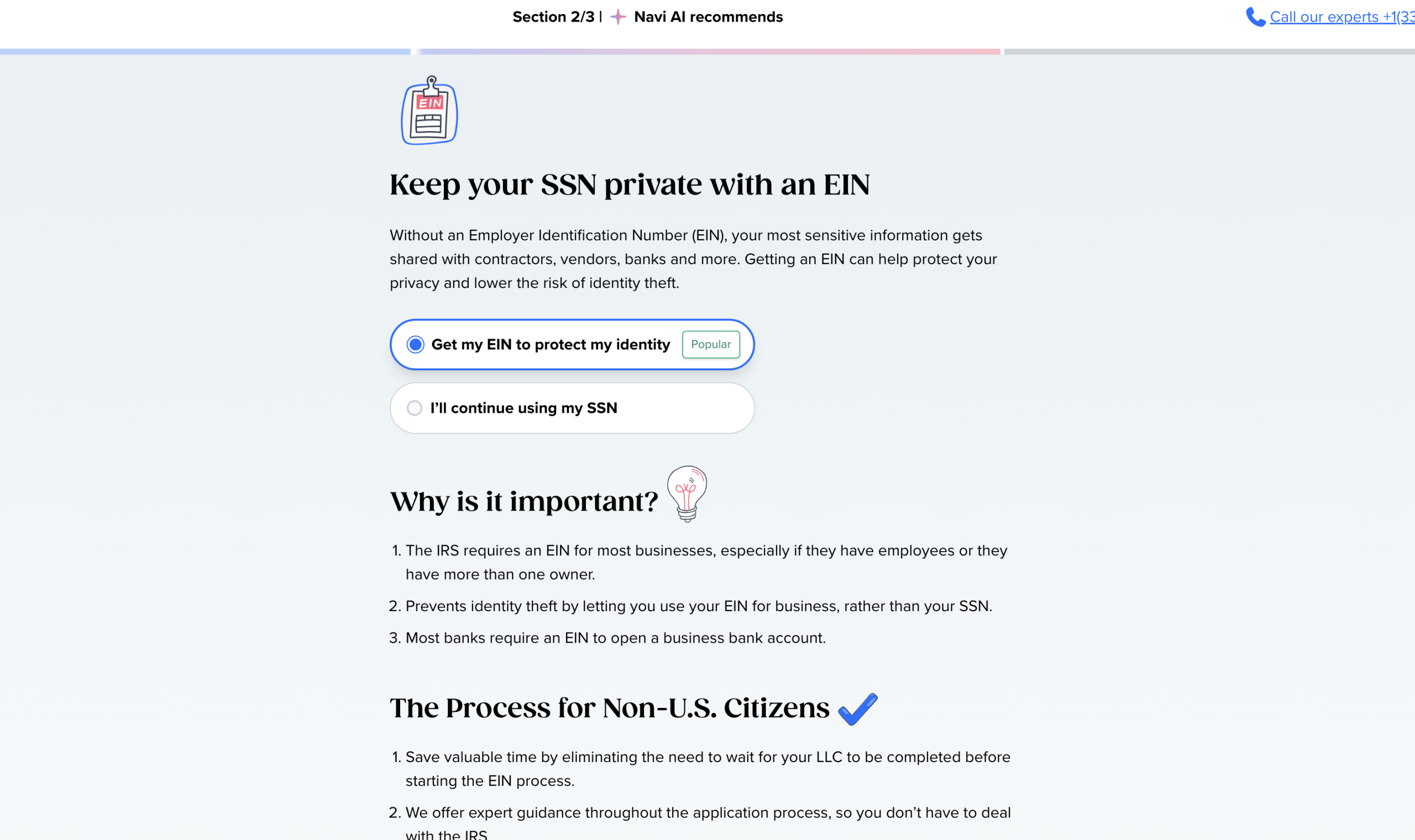 Tailor Brands formation EIN upsell screen framing EIN as SSN privacy protection for $99 with option to continue without