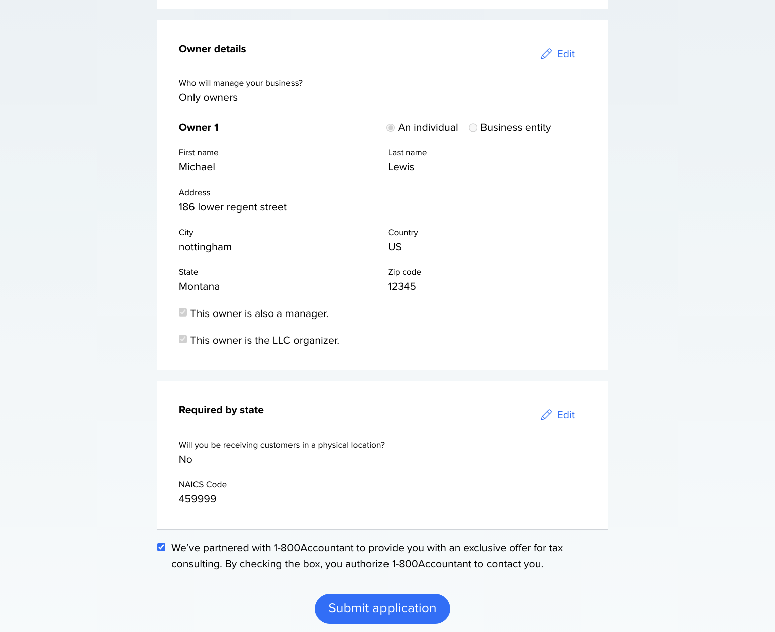 Tailor Brands submit application screen showing owner details and optional free tax consultation checkbox with 1-800Accountant