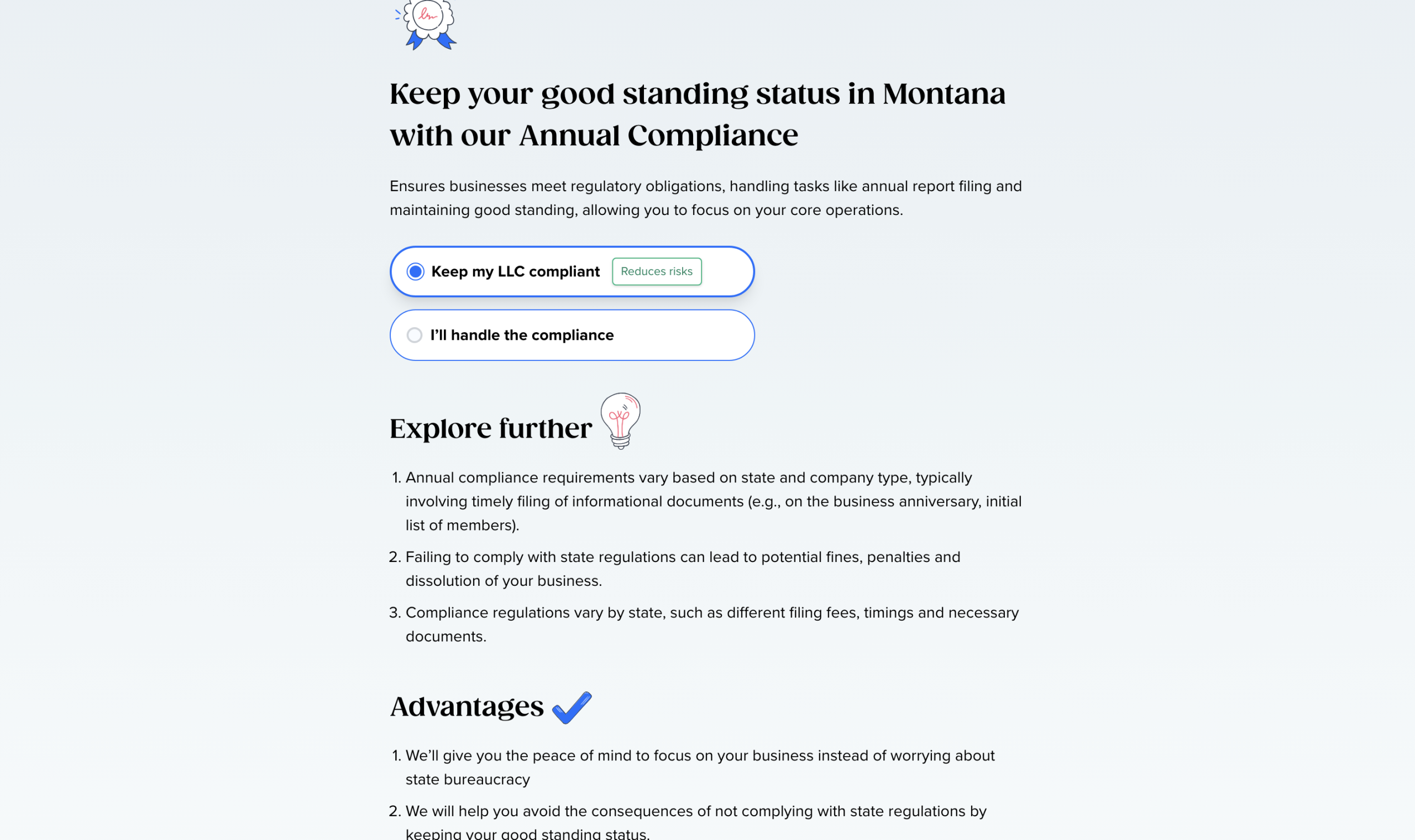 Tailor Brands formation annual compliance upsell screen showing keep LLC compliant option versus handling compliance yourself for Montana LLC