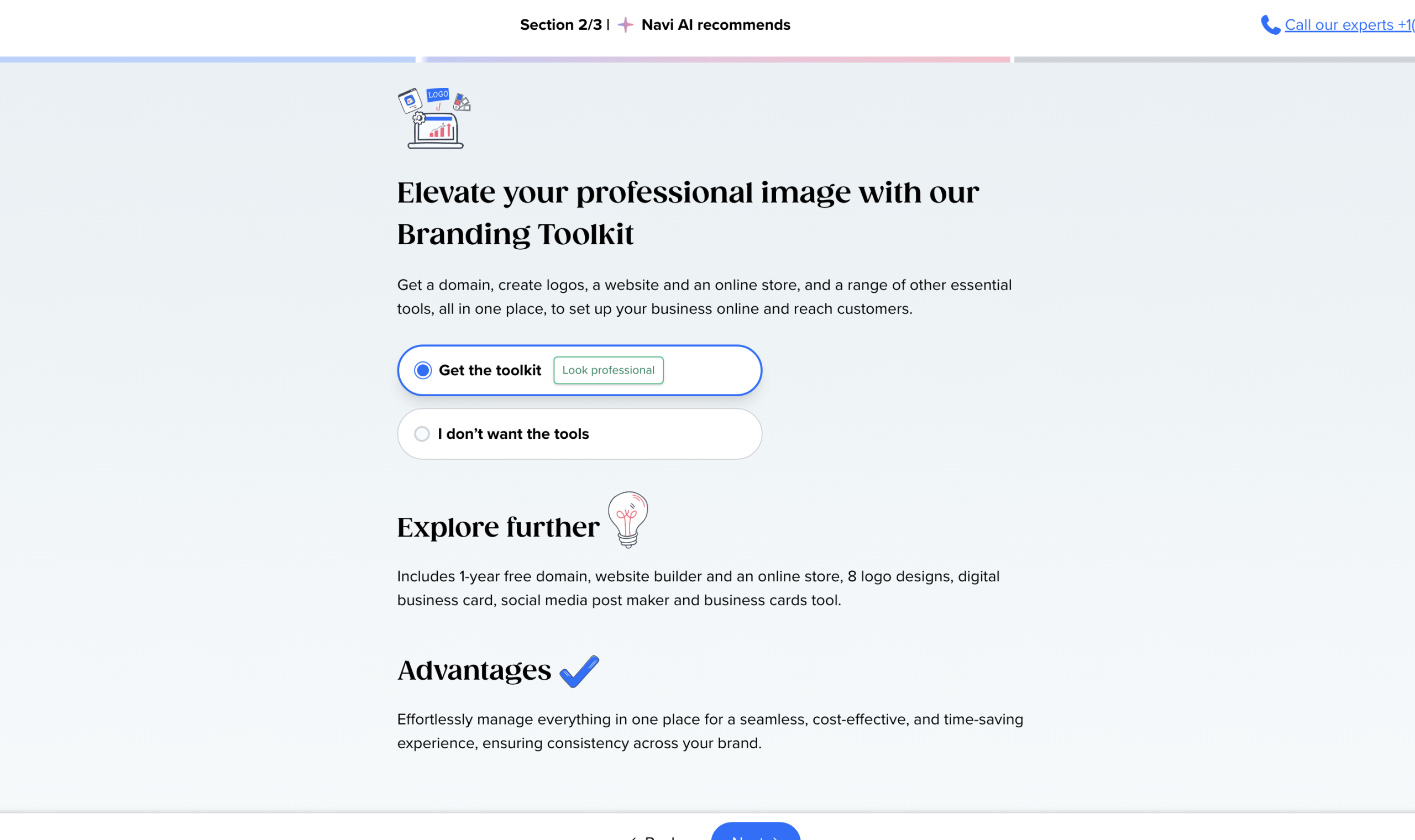 Tailor Brands formation branding toolkit upsell screen showing domain website online store logo designs digital business card and social media tools
