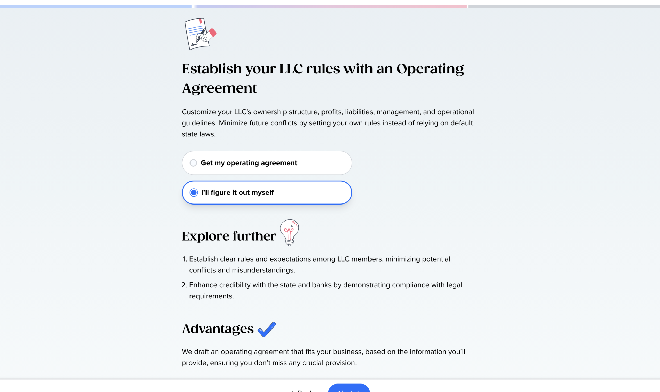 Tailor Brands formation operating agreement upsell screen showing $99 for customizable operating agreement pre-filled with member information