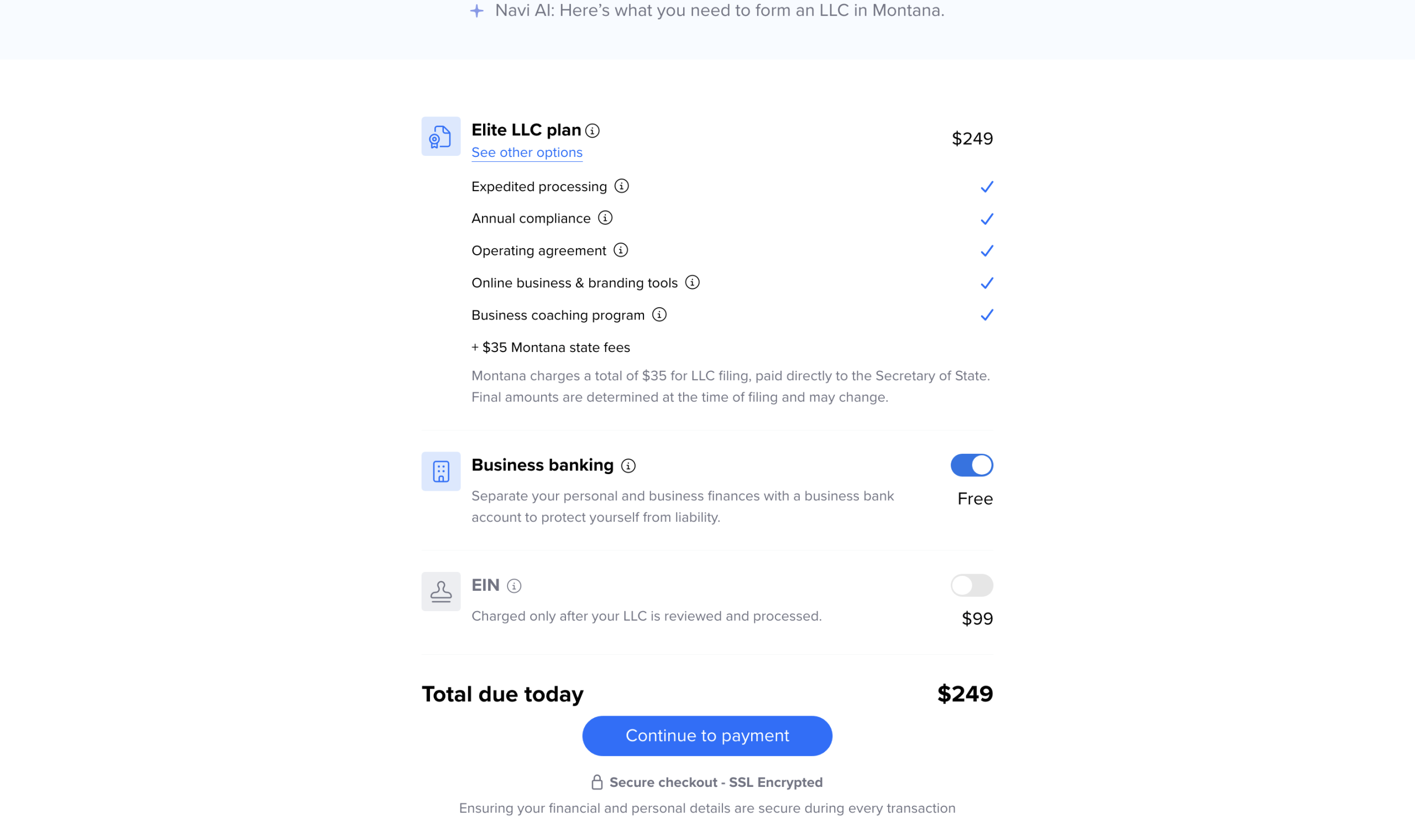 Tailor Brands LLC formation plan selection screen showing Elite plan at $249 as default selected option with expedited processing annual compliance operating agreement and branding tools included