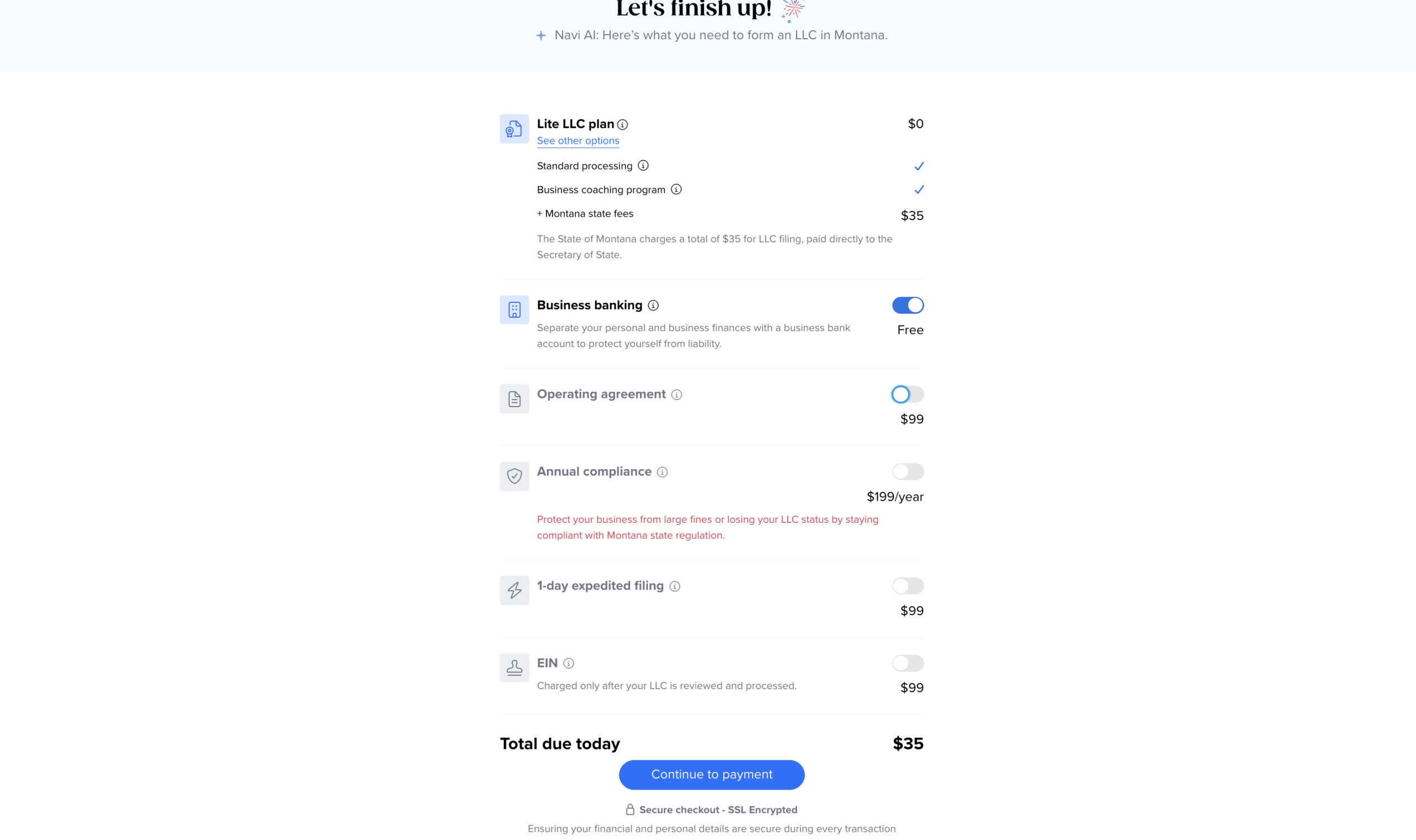 Tailor Brands Lite LLC plan checkout screen showing $0 formation fee $35 Montana state fee and optional add-ons for annual compliance expedited filing operating agreement and EIN