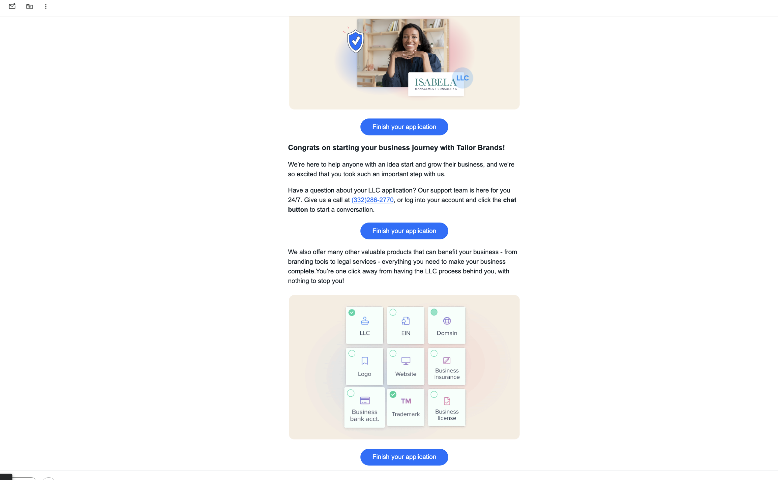 Tailor Brands post-payment dashboard showing finish your application prompt with LLC EIN domain logo website trademark insurance and banking services listed