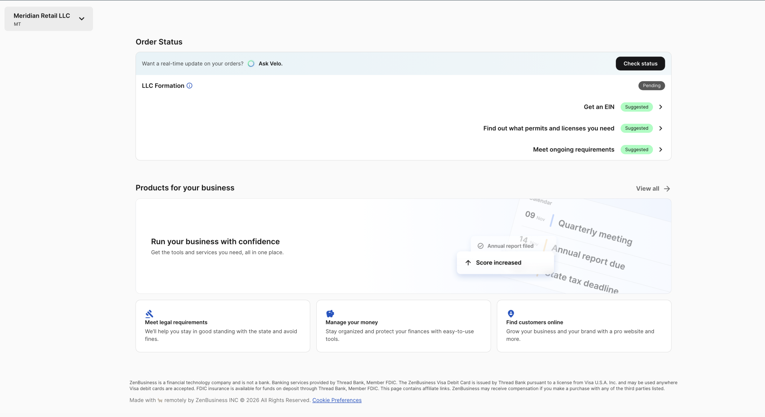ZenBusiness dashboard home showing Meridian Retail LLC formation pending status suggested next steps for EIN permits and compliance and calendar with upcoming dates