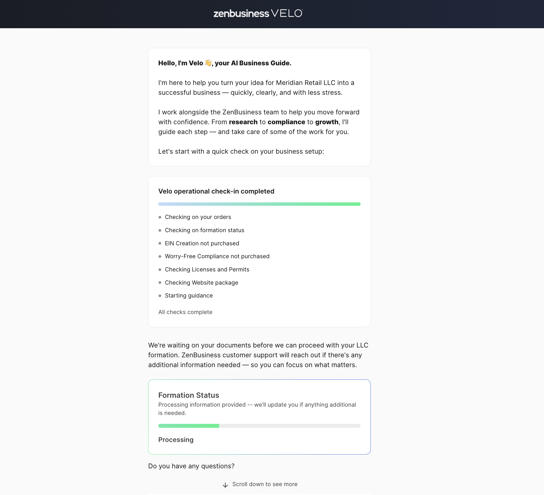 ZenBusiness Velo AI first login dashboard check showing formation processing status EIN not purchased Worry-Free Compliance not purchased and website package active