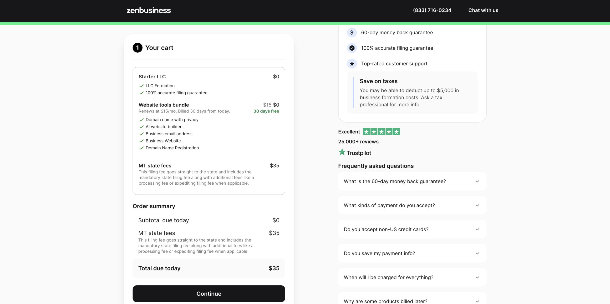 ZenBusiness checkout cart showing Starter LLC at $0 website tools bundle free 30 days renewing at $15 per month and Montana state filing fee $35 for total of $35