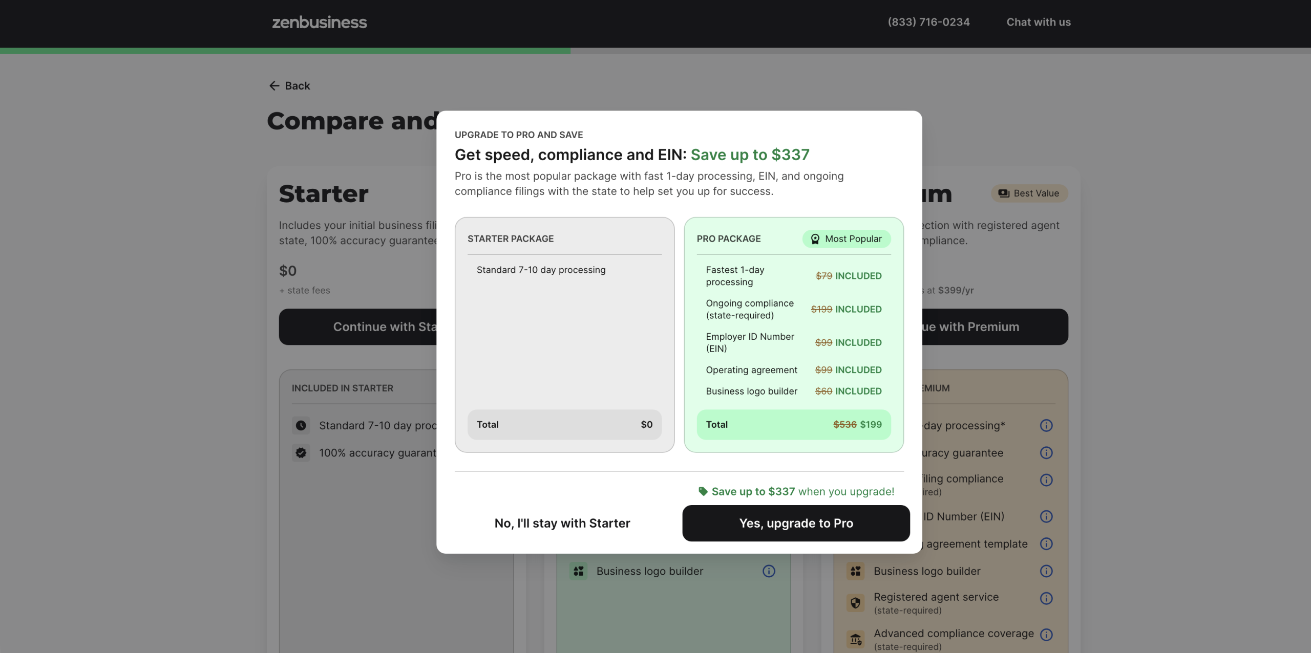 ZenBusiness Pro upgrade screen showing $536 in individual purchases versus $199 Pro plan price with savings of $337 highlighted