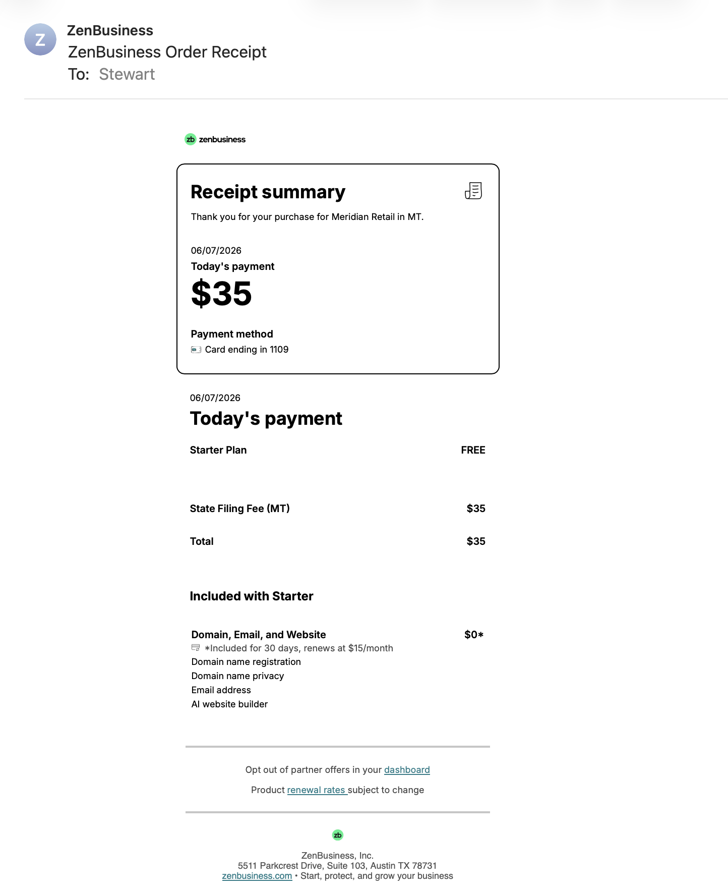 ZenBusiness order confirmation email showing Starter plan free state filing fee $35 and domain email website bundle included for 30 days then renewing at $15 per month